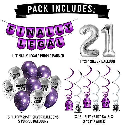 FINALLY LEGAL Purple Party Pack - 21st Birthday Banner, Balloon and Swirls Pack- Birthday Decorations - 21st Birthday Party Supplies, Favors and Gifts