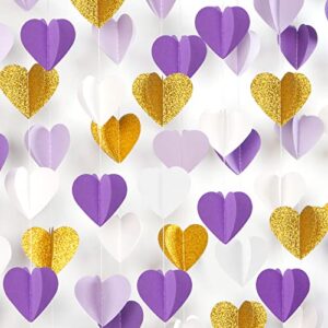 purple-gold party-decorations 3d heart garland – 39ft white purple lavender graduation hanging paper streamers banner, valentines day women birthday wedding engagement baby bridal shower decor ouruola