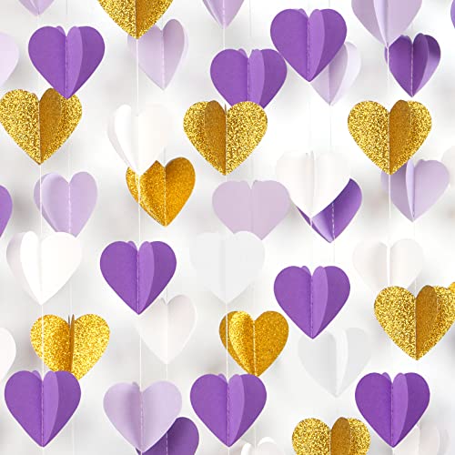 Purple-Gold Party-Decorations 3D Heart Garland - 39Ft White Purple Lavender Graduation Hanging Paper Streamers Banner, Valentines Day Women Birthday Wedding Engagement Baby Bridal Shower Decor Ouruola