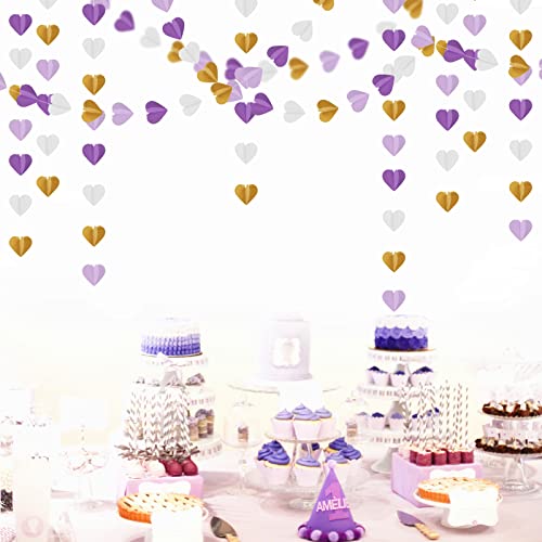 Purple-Gold Party-Decorations 3D Heart Garland - 39Ft White Purple Lavender Graduation Hanging Paper Streamers Banner, Valentines Day Women Birthday Wedding Engagement Baby Bridal Shower Decor Ouruola