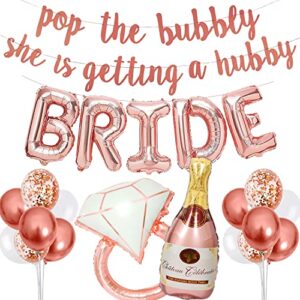 bachelorette party decorations kit, bridal shower party supplies including bride balloons, pop the bubbly she’s getting a hubby banner, ring & champagne bottle foil balloons, rose gold balloons kit