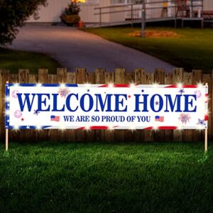 welcome home banner with led set military patriotic labor day welcome home decoration army sign return party backdrop 118 x 19.7 inches with 2 packs battery string light 30 plastic clips, no poles