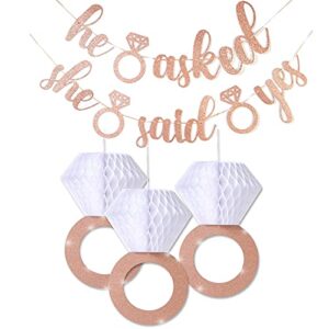 c l cooper life engagement party decorations, bridal shower supplies, he asked she said yes garland rose gold glitter diamond rings (3pcs), engaged banner rose gold glitter letters for engagement