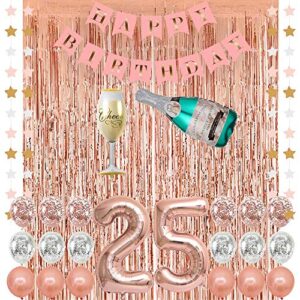 rose gold 25 birthday party decorations supplies, champagne balloon, pink happy birthday banner, 25 balloons,rose gold foil fringe curtains,confetti balloons for 25th birthday decorations for her (25)