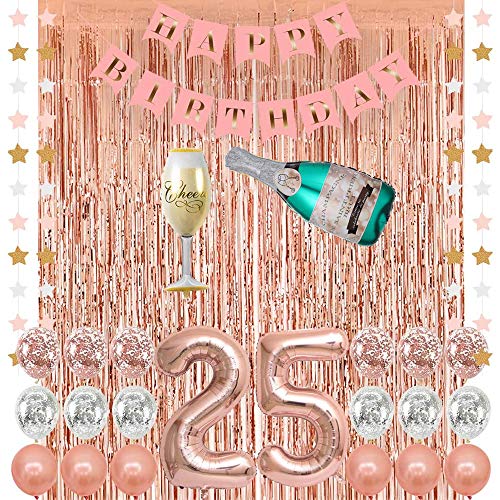 Rose Gold 25 Birthday Party Decorations Supplies, Champagne Balloon, Pink Happy Birthday Banner, 25 Balloons,Rose Gold Foil Fringe Curtains,Confetti Balloons for 25th Birthday Decorations for Her (25)