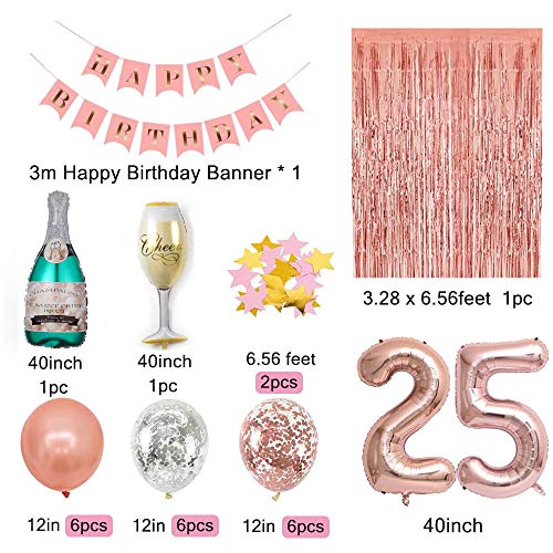 Rose Gold 25 Birthday Party Decorations Supplies, Champagne Balloon, Pink Happy Birthday Banner, 25 Balloons,Rose Gold Foil Fringe Curtains,Confetti Balloons for 25th Birthday Decorations for Her (25)