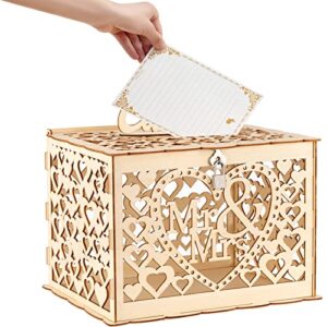 yukawang wedding card box with lock wooden memory keepsake decoration envelope boxes for cards and money baby shower engagement decor gift card box ( mr & mrs heart beige)