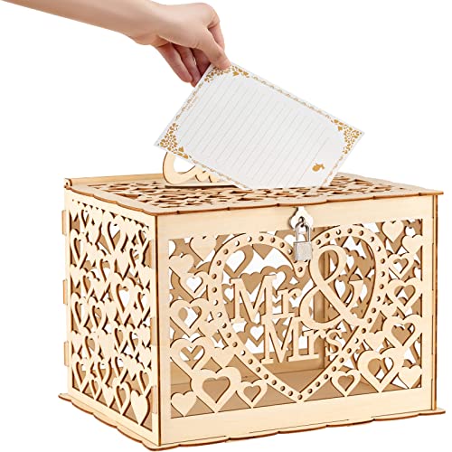 Yukawang Wedding Card Box with Lock Wooden Memory Keepsake Decoration Envelope Boxes for Cards and Money Baby Shower Engagement Decor Gift Card Box ( MR & MRS Heart Beige)