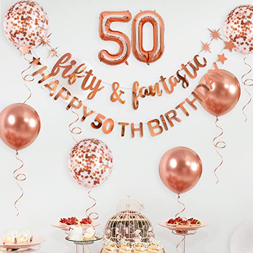 Rose Gold Fifty & Fantastic Happy 50th Birthday Banner Garland Foil Balloon 50 for Womens 50th Birthday Decorations Hanging 50 and Fabulous Cheers to 50 Years Old Birthday Party Supplies Backdrop