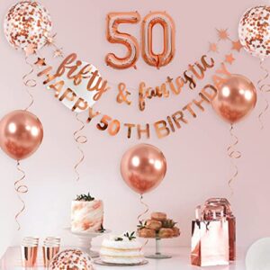 Rose Gold Fifty & Fantastic Happy 50th Birthday Banner Garland Foil Balloon 50 for Womens 50th Birthday Decorations Hanging 50 and Fabulous Cheers to 50 Years Old Birthday Party Supplies Backdrop