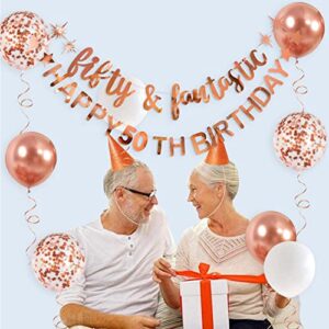 Rose Gold Fifty & Fantastic Happy 50th Birthday Banner Garland Foil Balloon 50 for Womens 50th Birthday Decorations Hanging 50 and Fabulous Cheers to 50 Years Old Birthday Party Supplies Backdrop