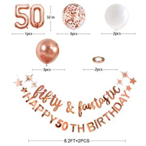 Rose Gold Fifty & Fantastic Happy 50th Birthday Banner Garland Foil Balloon 50 for Womens 50th Birthday Decorations Hanging 50 and Fabulous Cheers to 50 Years Old Birthday Party Supplies Backdrop