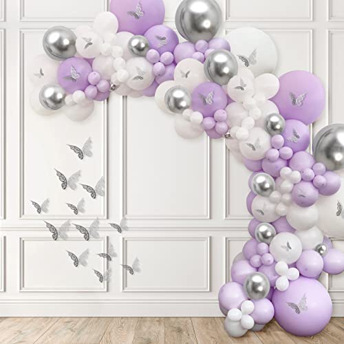 Lavender and Silver Balloon Garland Kit - BLOOMWIN Butterfly Theme Purple Balloon Arch Kit for Girl Baby Shower Women Bridal Shower Party Decorations - Purple and Silver Decorations for Birthday Party