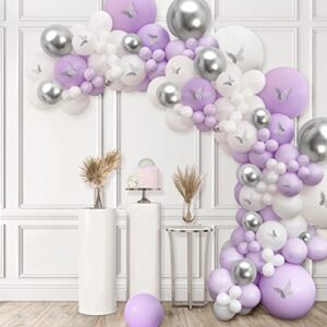 Lavender and Silver Balloon Garland Kit - BLOOMWIN Butterfly Theme Purple Balloon Arch Kit for Girl Baby Shower Women Bridal Shower Party Decorations - Purple and Silver Decorations for Birthday Party