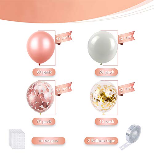 Rose Gold Balloons Garland Kit, 112 Pack Rose Gold Confetti Balloons and White Balloons Garland with Strip for Wedding Birthday Baby Shower Anniversary Party Decorations