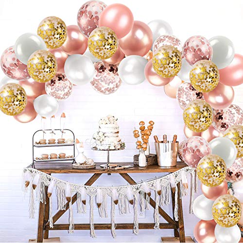 Rose Gold Balloons Garland Kit, 112 Pack Rose Gold Confetti Balloons and White Balloons Garland with Strip for Wedding Birthday Baby Shower Anniversary Party Decorations