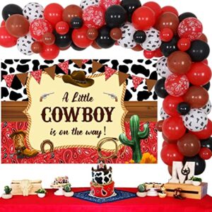 western cowboy baby shower decorations for boy, red and black balloon garland arch kit, a little cowboy is on the way backdrop for wild west baby shower decorations