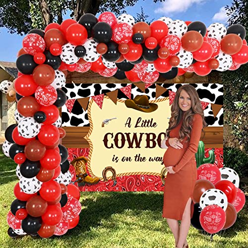 Western Cowboy Baby Shower Decorations for Boy, Red and Black Balloon Garland Arch Kit, A Little Cowboy Is on The Way Backdrop for Wild West Baby Shower Decorations