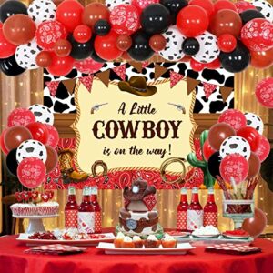 Western Cowboy Baby Shower Decorations for Boy, Red and Black Balloon Garland Arch Kit, A Little Cowboy Is on The Way Backdrop for Wild West Baby Shower Decorations