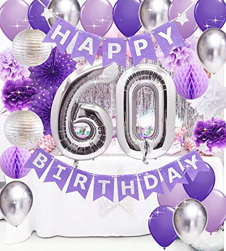 60th Birthday Decorations for Women Purple Silver Women 60 Birthday Happy Birthday Banner Purple Silver Latex Balloons Polka Dot Paper Fans/Purple 60th Birthday Decorations for Women