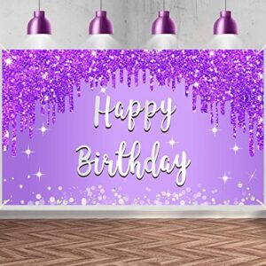 purple silver happy birthday banner party decorations for women girls, purple happy birthday themed backdrop party supplies, 10th 16th 21st 30th 40th 50th 60th photo props sign decor