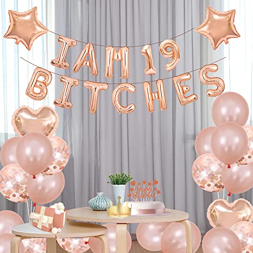 Santonila 19th Birthday Party Set-I am 19 Bitches Funny Banner Confetti Rose Gold Balloons for Girls 19 Years Old Birthday Decoration