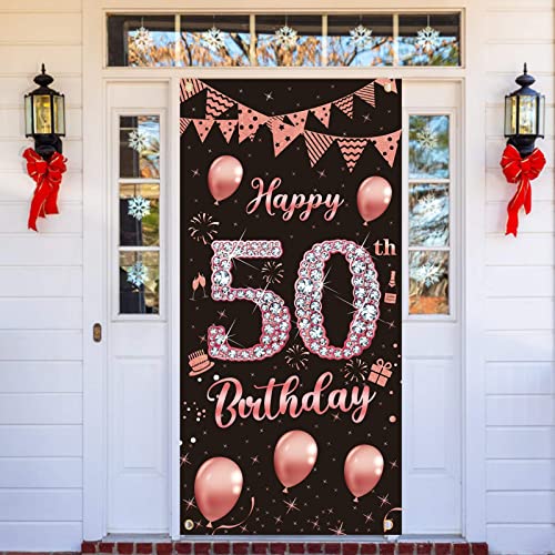 Rose Gold 50th Birthday Door Banner Decoration for Women, Large Happy 50 Birthday Door Cover Party Supplies, Fifty Year Old Birthday Poster Backdrop Decor