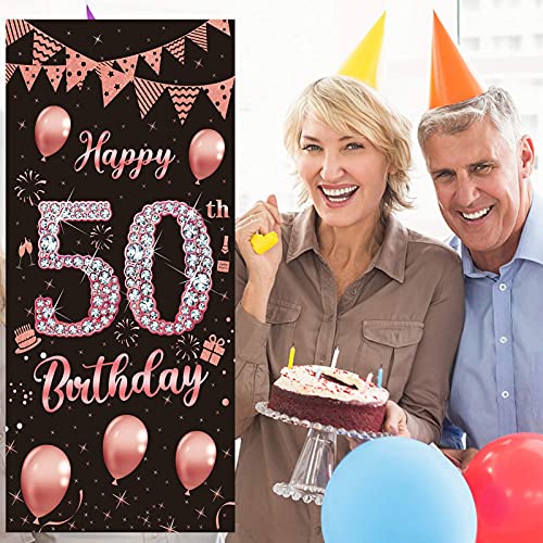 Rose Gold 50th Birthday Door Banner Decoration for Women, Large Happy 50 Birthday Door Cover Party Supplies, Fifty Year Old Birthday Poster Backdrop Decor