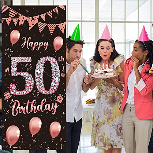 Rose Gold 50th Birthday Door Banner Decoration for Women, Large Happy 50 Birthday Door Cover Party Supplies, Fifty Year Old Birthday Poster Backdrop Decor