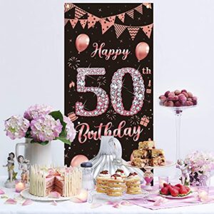 Rose Gold 50th Birthday Door Banner Decoration for Women, Large Happy 50 Birthday Door Cover Party Supplies, Fifty Year Old Birthday Poster Backdrop Decor