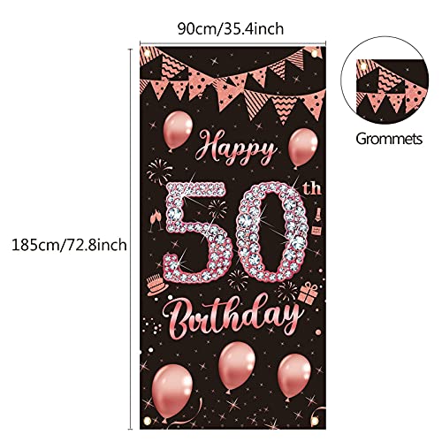 Rose Gold 50th Birthday Door Banner Decoration for Women, Large Happy 50 Birthday Door Cover Party Supplies, Fifty Year Old Birthday Poster Backdrop Decor