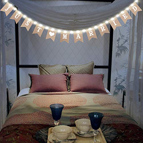 Just Married Burlap Banner, Wedding Bunting Banner with LED Fairy String Light 8 Flicker Mode, Hanging Sign Garland Pennant Photo Booth Props for Bridal Shower Wedding Engagement Car Party Decoration