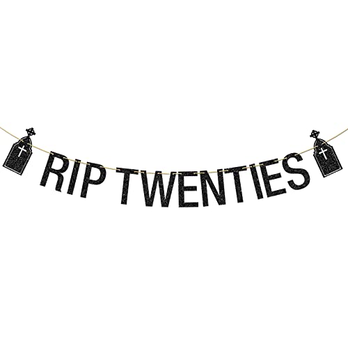 RIP Twenties Banner Black Glitter, 30th Birthday Banner, RIP to My 20's Decorations, Funeral Themed 20th 30th Birthday Party Decorations