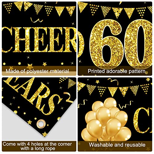 Happy 60th Birthday Banner Decorations for Men Women, Black Gold Cheers to 60 Years Birthday Sign Party Supplies, Sixty Anniversary Yard Banner Party Decor Photo Booth Props