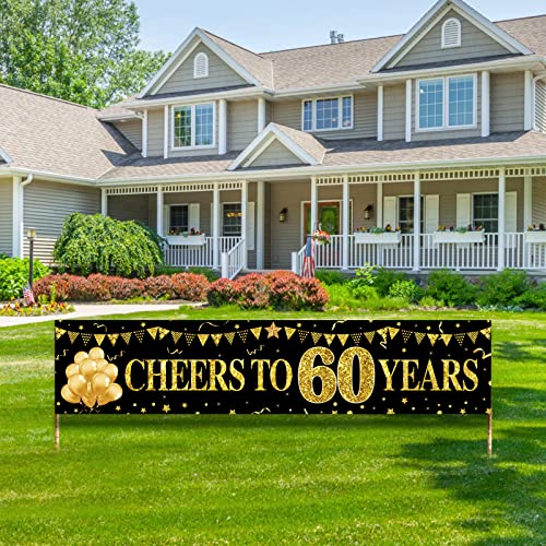 Happy 60th Birthday Banner Decorations for Men Women, Black Gold Cheers to 60 Years Birthday Sign Party Supplies, Sixty Anniversary Yard Banner Party Decor Photo Booth Props