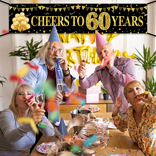 Happy 60th Birthday Banner Decorations for Men Women, Black Gold Cheers to 60 Years Birthday Sign Party Supplies, Sixty Anniversary Yard Banner Party Decor Photo Booth Props