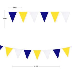 32Ft Blue Yellow White Triangle Flag Pennant Banner Bunting Fabric Garland for Wedding Birthday Ahoy Achor Nautical Pirate Bridal Baby Shower Under The Sea Party Festivals Decoration