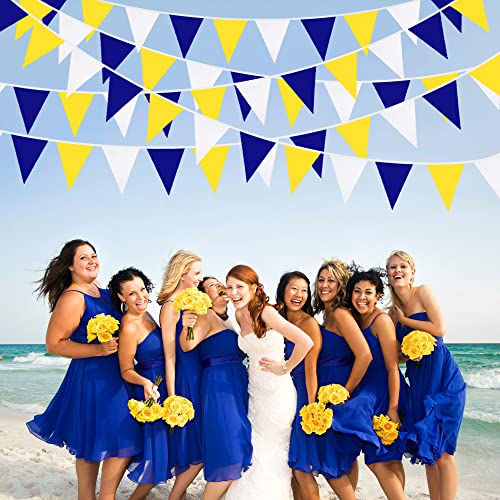 32Ft Blue Yellow White Triangle Flag Pennant Banner Bunting Fabric Garland for Wedding Birthday Ahoy Achor Nautical Pirate Bridal Baby Shower Under The Sea Party Festivals Decoration