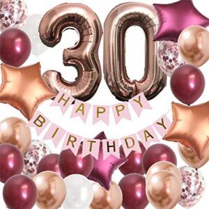 30th birthday deocrations for her – happy 30 rose red balloons kit for woman womens with pink banner and jumbo 40inch number (burgundy gold)