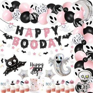 94 packs pink black halloween birthday party kit happy boo day banner cake topper halloween ghost cupcake toppers skeleton bat mylar balloons for pink and black halloween birthday party decorations
