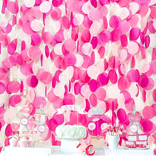 205Ft Hot Pink Party Decorations Big Circle Dots Backdrop Garland Rose Pink Tissue Paper Polka Dots Hanging Curtain Streamer for Birthday Bachelorette Engagement Wedding Bridal Shower Party Supplies