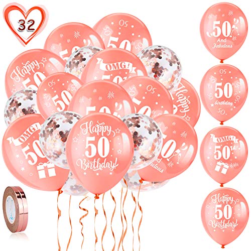 HOWAF 50th Birthday Balloons, Pack Of 30 Rose Gold Birthday Balloons Latex Confetti Balloons & 2 Ribbons for Men Women Happy 50th Birthday Party Decorations Supplies