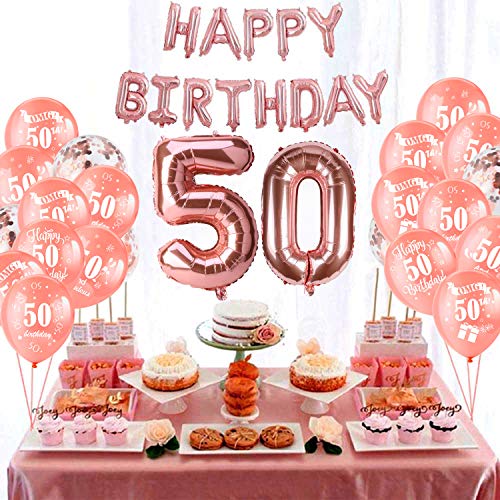 HOWAF 50th Birthday Balloons, Pack Of 30 Rose Gold Birthday Balloons Latex Confetti Balloons & 2 Ribbons for Men Women Happy 50th Birthday Party Decorations Supplies