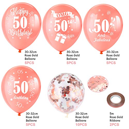 HOWAF 50th Birthday Balloons, Pack Of 30 Rose Gold Birthday Balloons Latex Confetti Balloons & 2 Ribbons for Men Women Happy 50th Birthday Party Decorations Supplies