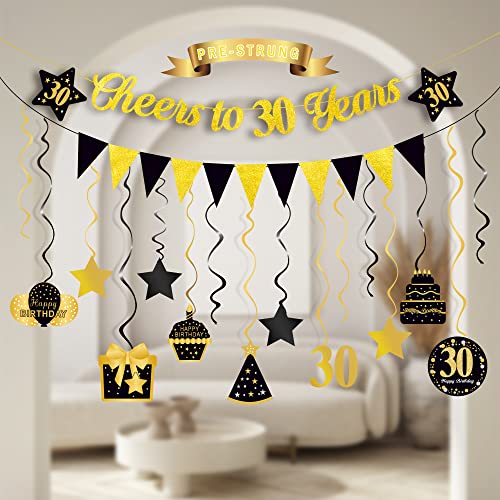 PRE-STRUNG 30th Birthday Banner, Cheers to 30 Years Banner, Happy 30th Birthday Hanging Swirl Ceiling Decoration for Men Women Him Her, Black Gold 30 Year Old Birthday Party Decor Kit, 30PCS, Vicycaty