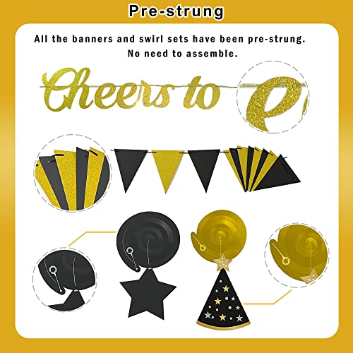 PRE-STRUNG 30th Birthday Banner, Cheers to 30 Years Banner, Happy 30th Birthday Hanging Swirl Ceiling Decoration for Men Women Him Her, Black Gold 30 Year Old Birthday Party Decor Kit, 30PCS, Vicycaty