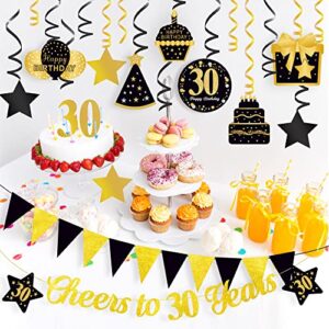 PRE-STRUNG 30th Birthday Banner, Cheers to 30 Years Banner, Happy 30th Birthday Hanging Swirl Ceiling Decoration for Men Women Him Her, Black Gold 30 Year Old Birthday Party Decor Kit, 30PCS, Vicycaty