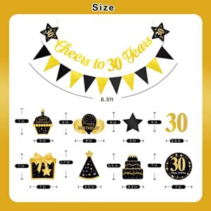 PRE-STRUNG 30th Birthday Banner, Cheers to 30 Years Banner, Happy 30th Birthday Hanging Swirl Ceiling Decoration for Men Women Him Her, Black Gold 30 Year Old Birthday Party Decor Kit, 30PCS, Vicycaty
