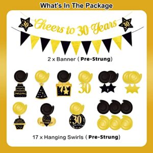 PRE-STRUNG 30th Birthday Banner, Cheers to 30 Years Banner, Happy 30th Birthday Hanging Swirl Ceiling Decoration for Men Women Him Her, Black Gold 30 Year Old Birthday Party Decor Kit, 30PCS, Vicycaty