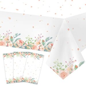 3 pack floral baby shower decorations for girl，rectangular plastic party tablecloths with pink floral patterns( 108″x54″）,table cover for birthdays,weddings,tea party and girl baby shower decorations